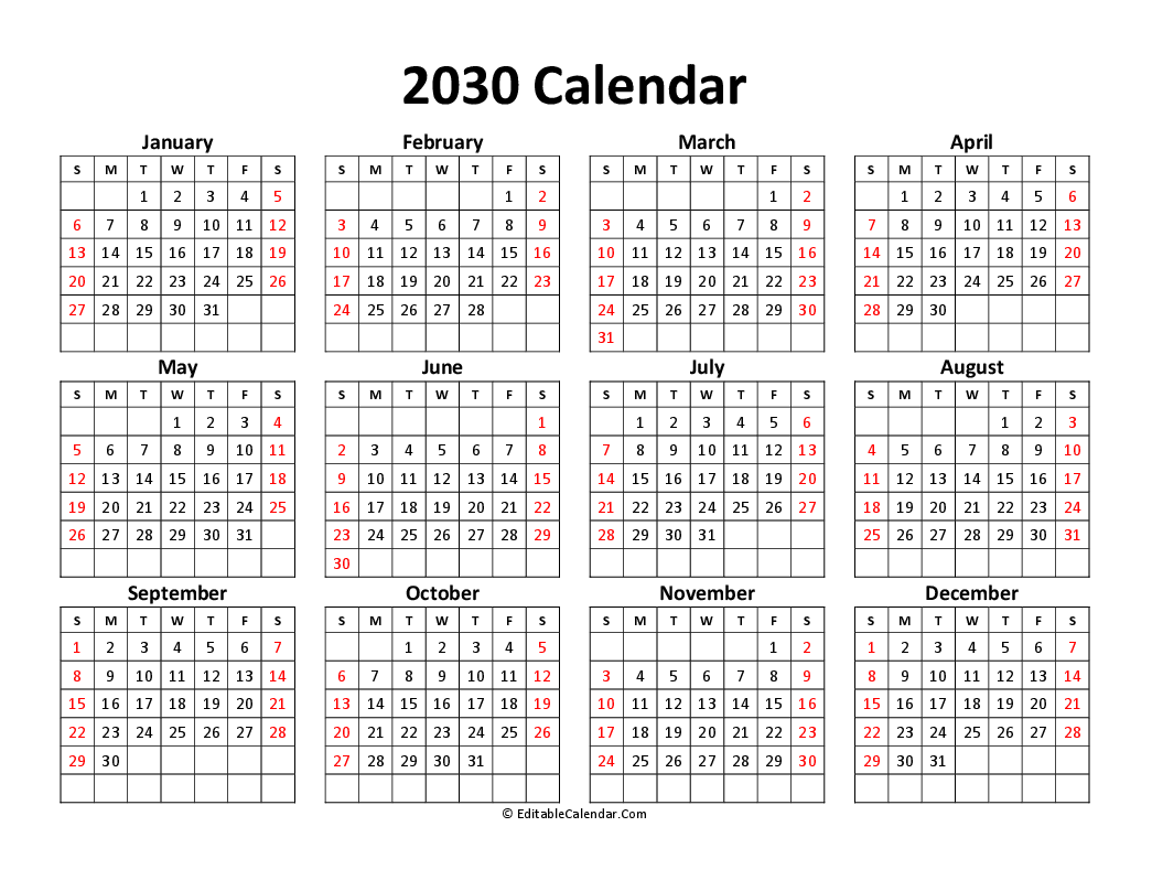 Printable Free Calendar 2030
