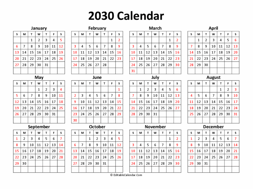 Printable Free Calendar 2030