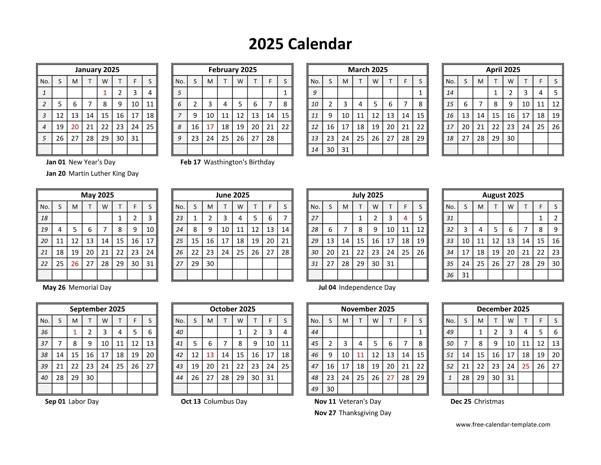 Printable Yearly Calendar 2025 Free Calendar Template