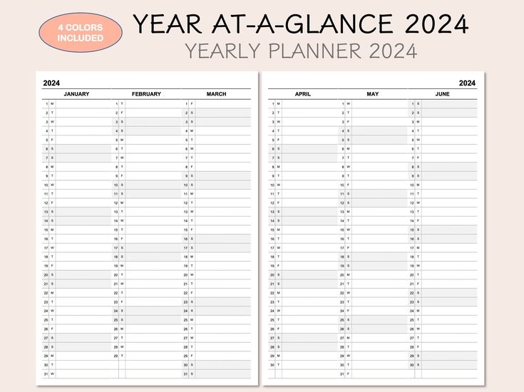 Printable Yearly Planner Calendar 2024 Yearly Overview 2024 Year At A