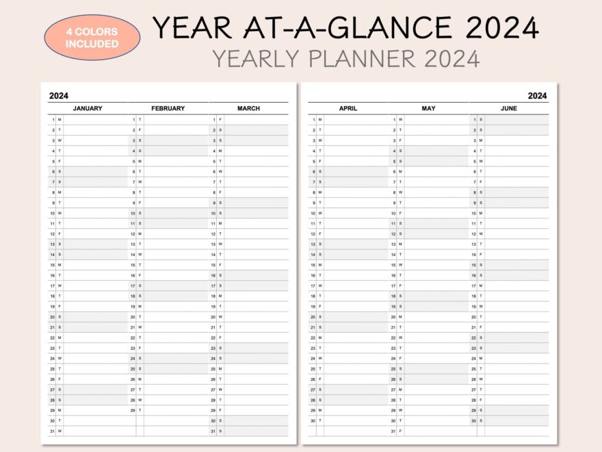 Printable Yearly Planner Calendar 2024 Yearly Overview 2024 Year At A