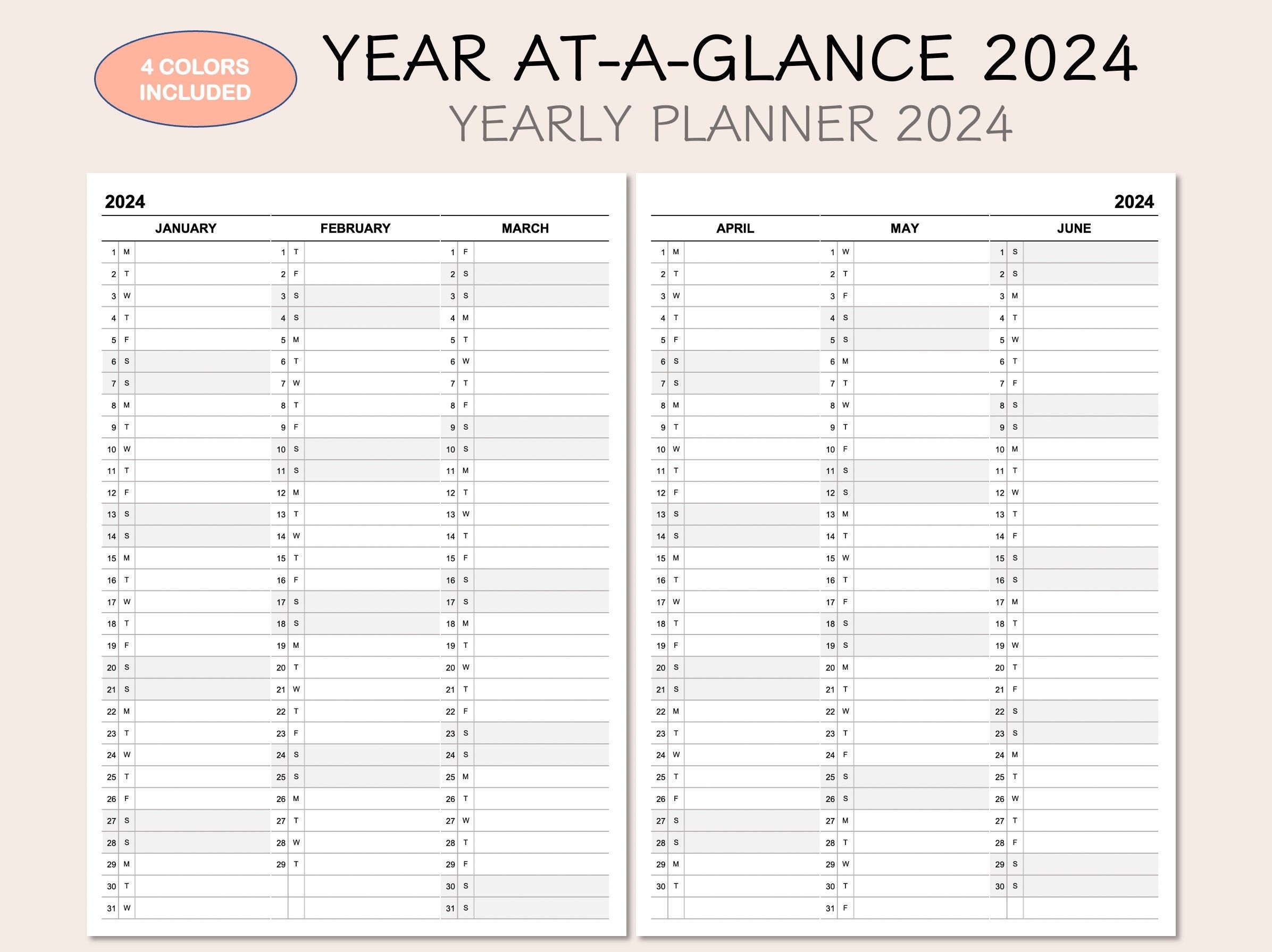Printable Yearly Planner Calendar 2024 Yearly Overview 2024 Year At A