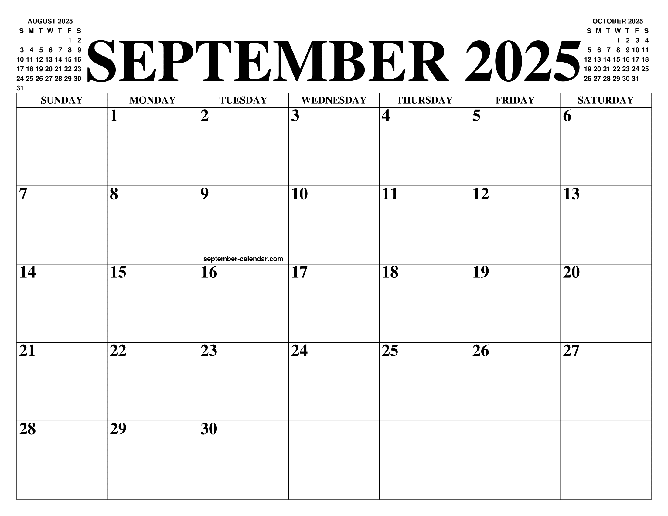 SEPTEMBER 2025 2026 CALENDAR OF THE MONTH FREE PRINTABLE SEPTEMBER