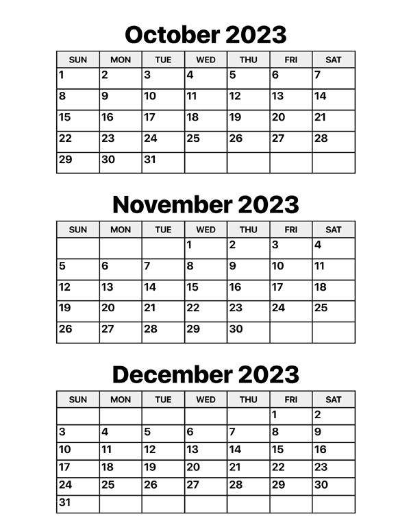 Three Month Calendar 2025 October November December January February