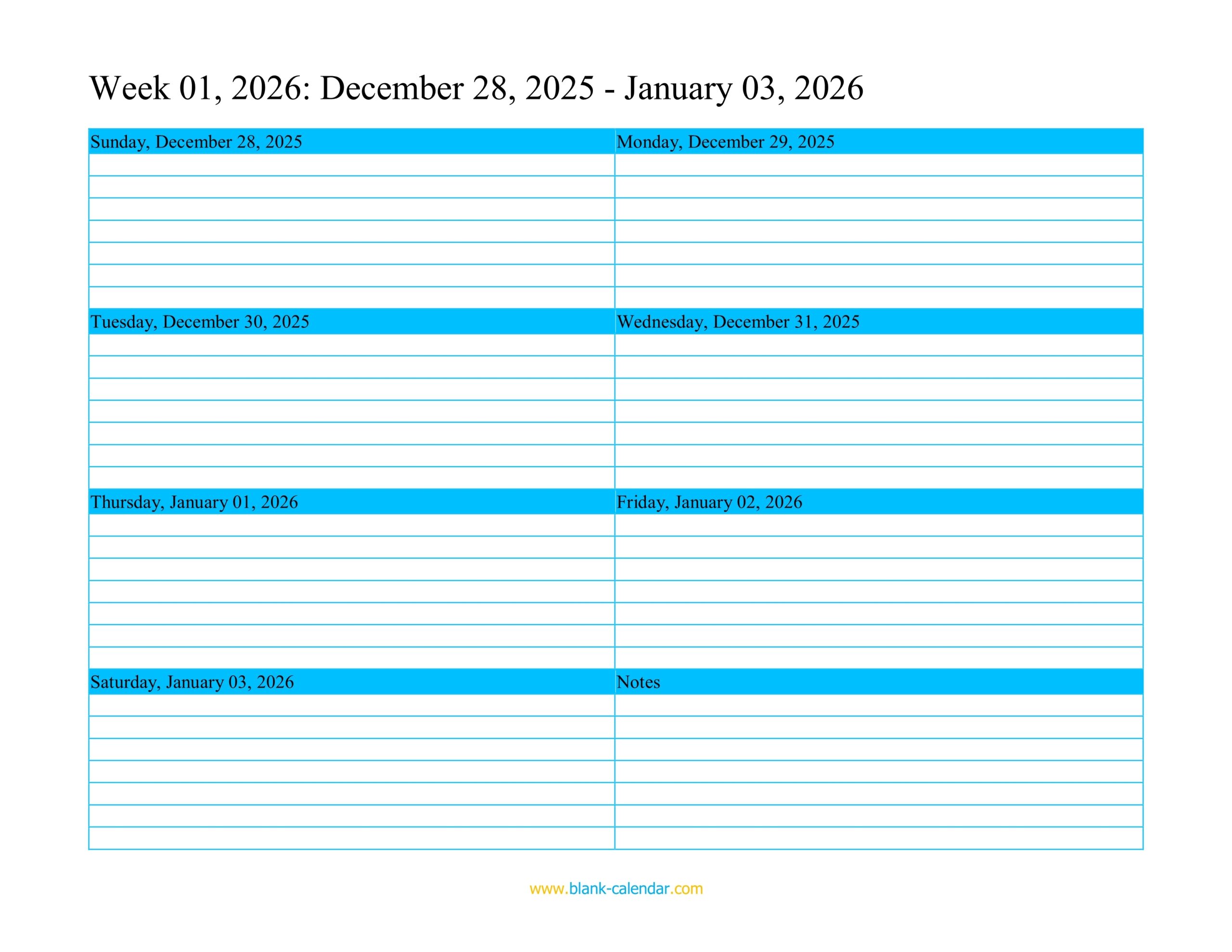 Weekly Calendar 2026 WORD EXCEL PDF 