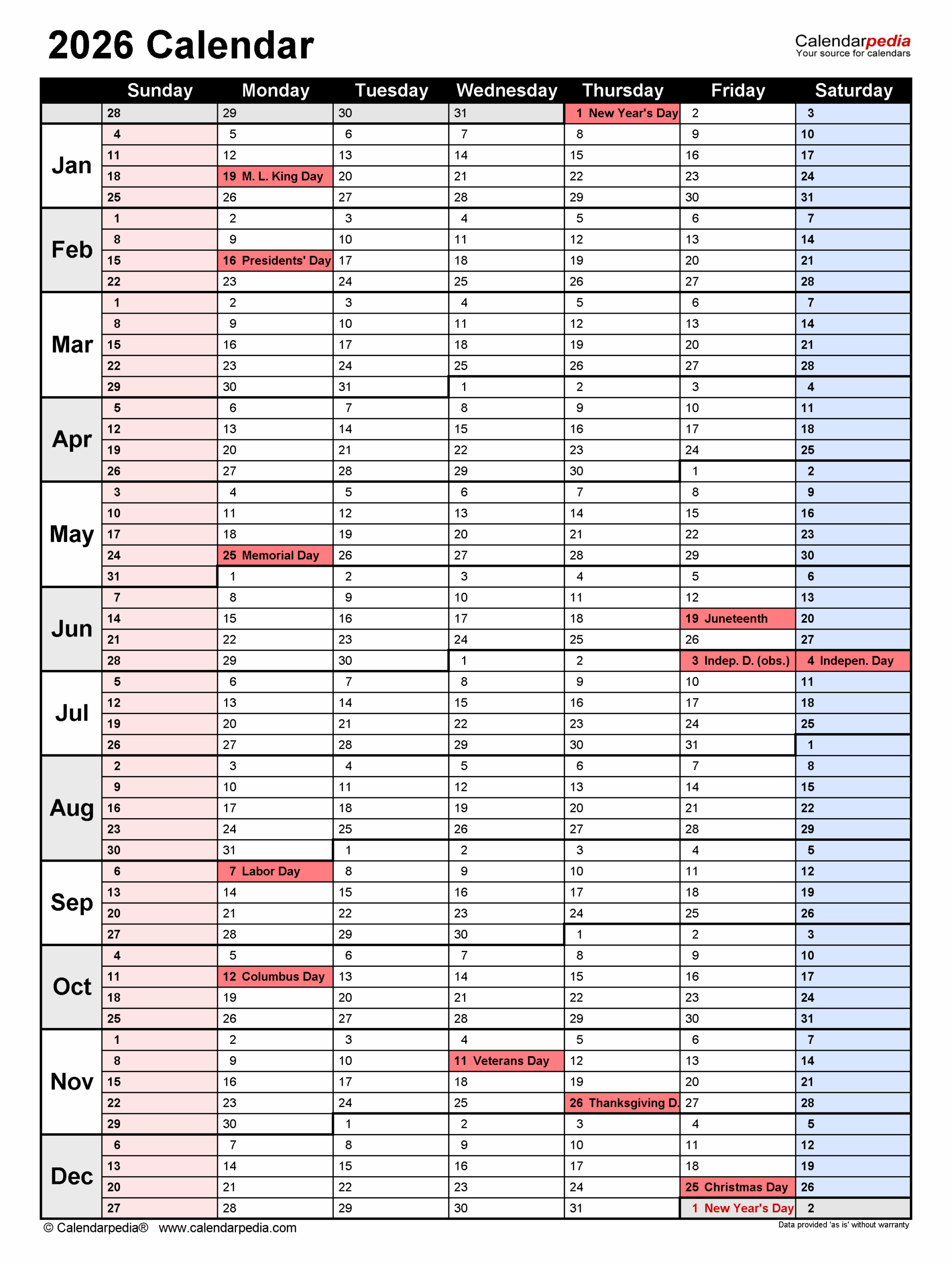 Printable 2026 Blank Calendar