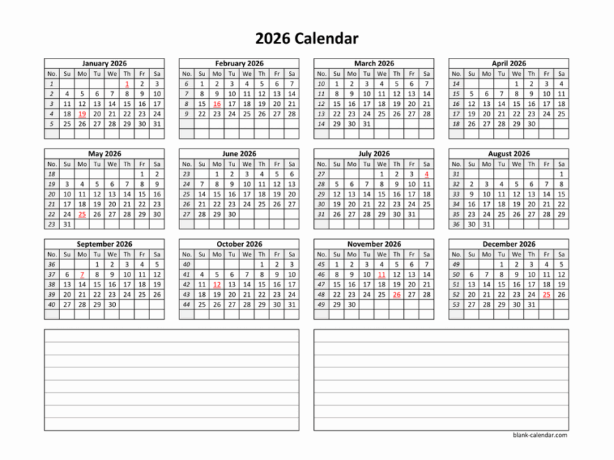 Yearly 2026 Calendars