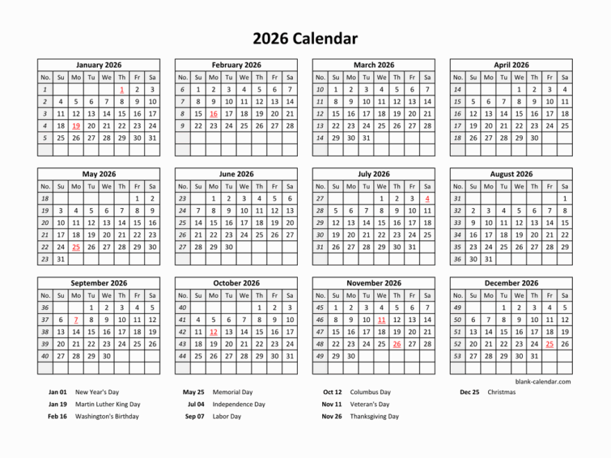 Yearly 2026 Calendars